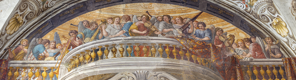 Fresco Coro de ángeles con instrumentos en la Iglesia de Santa Croce de Parma