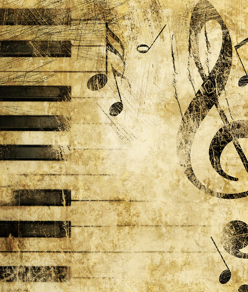 Clave de sol y teclas de piano sobre un fondo imitando papel de partitura envejecido