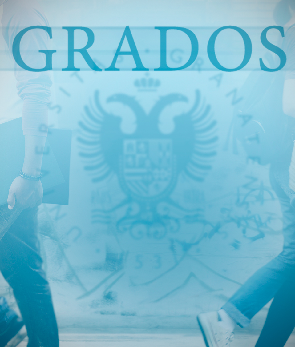 Portada de los grados de la Universidad de Granada con el logo de la insititución y dos personas caminando de fondo